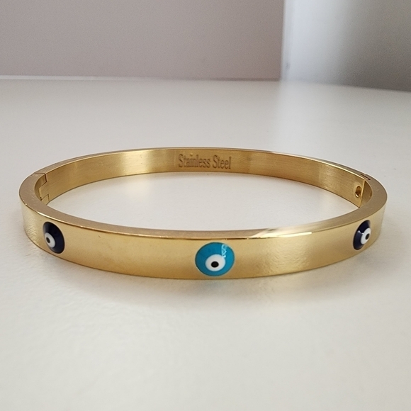 NWT Golden Triple Evil Eye Stainless Steel Bangle Bracelet - Picture 3 of 8